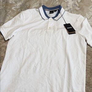 Boss Men's Polo Shirt in White with Blue Trim